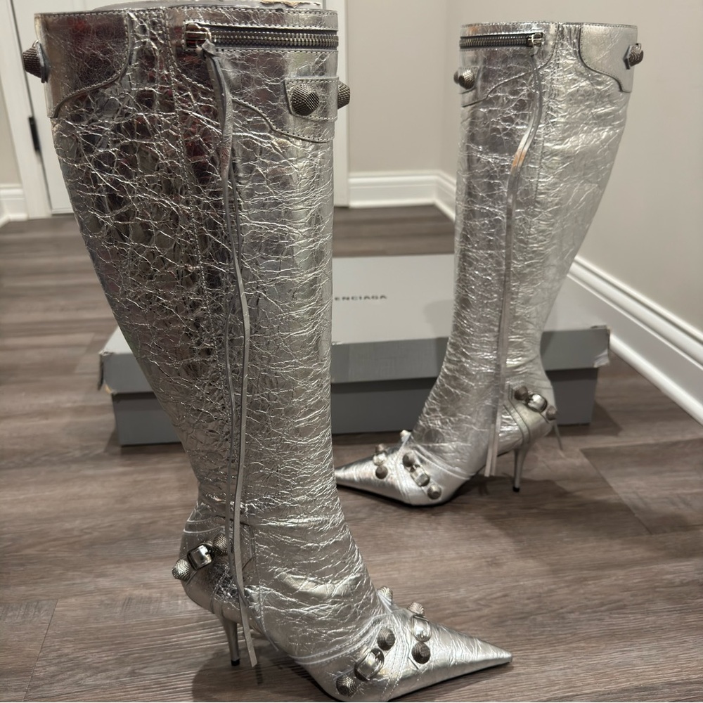 Balenciaga Cagole 90mm Metallic Arena Silver Heeled Tall Boots - Picture 3 of 16